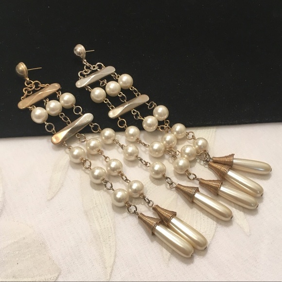 Vintage Jewelry - Vintage Gold And Faux Pearl Long Earrings